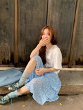 Daiiibabyyy  Streetwear Floral Midi Skirt Women Fashion Ruffles Asymmetrical Skirts Summer Ladies Elegant Korean Blue Design A Line Faldas