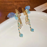 Daiiibabyyy  Fairy Imitation Pearl Rhinestone Hollow Metal Star Butterfly Tassel Dangle Earrings for Women Real Gold Copper Jewelry