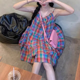 DAIIIBABYYY  -  Summer Sweet Fresh Lolita Patchwork Drawstring Printing Plaid Fashion Loose Minimalist Casual Sleeveless Slip Dresses