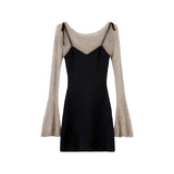 DAIIIBABYYY  -  Spring Autumn V-neck Sleeveless Short Temperament Camisole Dress + Women Thin Hollow Flare Sleeve Knitted Pullover Two-piece Set