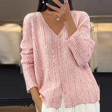 DAIIIBABYYY  -  Female V-neck Single Breasted Cardigan New Autumn Sequined Long Sleeved Loose Sweater Elegant Solid Color Commuting Sweater Coat
