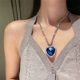 Daiiibabyyy  Blue Heart Crystal Necklaces for Women Long Chain Pendant Necklaces Statement Jewelry Wedding Party Gift