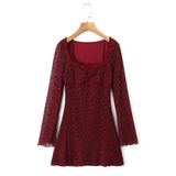 Daiiibabyyy  Sexy Wine red Flocking Flower Mesh Flare Sleeve Dress Woman Bow Square neck Package Hips A-line Mini Party Robe Bodycon