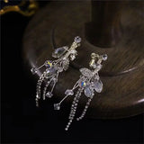 Daiiibabyyy  Inlaid Rhinestone Crystal Flowers and Leaves Tassel Ear Clips New Exquisite Earrings Light Luxury High-end Earrings for Women