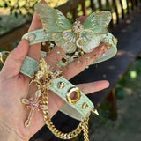 Daiiibabyyy  Green Butterfly Necklace Choker French Sweet Vintage Temperament Cross Tassel Collarbone Chain Harajuku Choker Y2k Jewelry