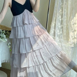 DAIIIBABYYY  -  Summer Mermaid Ji Flowing Contrast Color Spliced Sling Ruffled Cake Skirt Women's Sweet V-neck High Waist Vacation Long Skirt