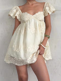 Daiiibabyyy  Summer French Vintage Flower Embroidery Solid V Neck Puff Sleeve Temperament Dresses