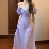 DAIIIBABYYY  -  French Gentle Splicing Lace Purple Bubble Sleeve Dress For Women Summer New Style High End Concealed Waist Elegant Long Dresses
