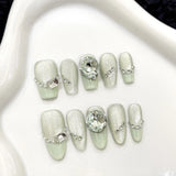 Daiiibabyyy  10pcs Summer Little Fresh Handmade Press On Nails Mint Green Cat's Eye Glossy Diamond Decor Fake Nails Simple French False Nail
