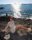 Daiiibabyyy  Pearl Corchet Mini Dress Women Summer Party Long Sleeve Knitting Dresses Cover Up Elegant Slim Vestidos Holiday Beach Robe