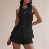 Daiiibabyyy  2 Pieces Set For Woman Shorts Sleeveless Vest Summer Short Pants High Waist Linen Look Capris Two Piece Set Cropped Pants