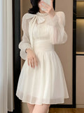 DAIIIBABYYY  -  Elegant Long Sleeve Evening Dresses for Women Solid Bow Lace-up A-Line Party Prom Mini Dress Autumn French Female Chiffon Outfit