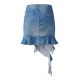 DAIIIBABYYY  -  Women's Denim Skirt Set Korean Fashion Pure Desire Sexy Off Shoulder Camis Top Irregular Ruffled Mini Skirts Sexy Two Piece Sets