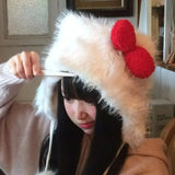Daiiibabyyy  New Christmas Sweet Cute Ear Protection Hats Autumn Winter White Plush Red Bow Cat Hat Outdoor WindProof Cap Festival Gifts