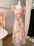 Daiiibabyyy  Women's Elegant Puff Sleeve Ruffles V Neck Floral Long Dress Lady Summer Short Sleeve Slim A Line Long Dress