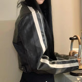 Daiiibabyyy  Fashion Trendy Motorcycle Style Pu Leather Jacket Autumn Winter Short Coat Women Gothic Vintage Punk Streetwear Striped Top