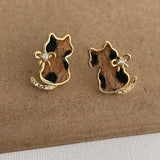 Daiiibabyyy  Funny Leopard Plush Velvet Rhinestone Cartoon Cat with Bowknot Dangle Earrings for Women Gold Plated Every Day Jewelry