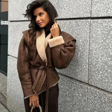 DAIIIBABYYY  -  Vintage Faux Fur Leather Jackets Women Loose Lace Up V-neck Long Sleeve Pocket Belt Coat 2024 Autumn Winter High Street Outwear