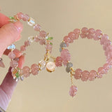 Daiiibabyyy  Light Luxury Strawberry Crystal Pink Beads Beaded Bracelet Exquisite Tassel Pendant Flower Bracelet Temperament Handmade Jewelry