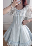 Daiiibabyyy  Coquette Sweet Lolita Dress Women Lace Trim Bow Ruffle Short Sleeve Ruched Waist Bubble Hem Slim Fit Mini Dress Elegant Beach