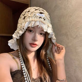 Daiiibabyyy  Sweet Pearl Tassels Crochet Flower Knitted Hat Bohemian Style Thin Knit Cap Korean Handmade Ethnic Style Hat Outdoor