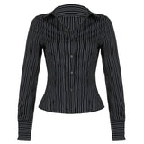DAIIIBABYYY  -  Harajuku Striped Crop Top Women Casual Black Button Up Full Sleeve Turn-down Neck Blouse y2k Aesthetic Autumn Tee Shirts