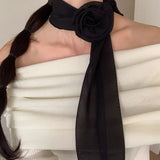Daiiibabyyy  Women French Long Rose Flower Silk Scarf Flutter Shirt Y2K Fashion Temperament Accessories Summer Sunscreen Sunshade Scarfs