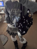 Daiiibabyyy  New American Style Girl Vintage Gray Tone Retro Polka Dot Striped Star Patchwork Bead Cake Skirt Women