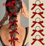 Daiiibabyyy  6 Pcs Ladies' Elastic Hair Bands Set Korean Silk Ribbon Bow Retro Jk Lolita Headwear Hair Ties High-quality Hair Accessories