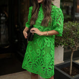 DAIIIBABYYY  -  Women Sweet Half Sleeve Hollow Out Straight Dress Spring Zipper Loose Stand Collar Ladies Mini Dress Elegant Streetwear Vestidos