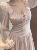 Daiiibabyyy  Korean Sweet Pink Dress for Women Square Collar Slim Waist Robe Elegant Femme Vestidos De Mujer Vintage Puff Sleeve Maxi Dresses