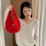 Daiiibabyyy  Ladies' Tote Bag Autumn Winter Korean Plush Dopamine Sweet Kawaii Simple Versatile Daily Large Capacity Knitted Handbag For Girl