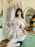 DAIIIBABYYY  -  Japan Short Lolita Pink Castle Love Letter Lace Design Feeling One Shoulder Bow Splice Waist Closing Dress Women 2024 New