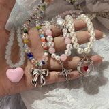 Daiiibabyyy Korean Exquisite Retro Love Heart Beaded Necklace For Women Personality Simple Cool Clavicle Chain Fashion Y2K Jewelry ﻿
