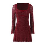 Daiiibabyyy  Sexy Wine red Flocking Flower Mesh Flare Sleeve Dress Woman Bow Square neck Package Hips A-line Mini Party Robe Bodycon