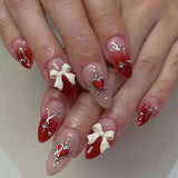 Daiiibabyyy  White Glitter Powder Bowknot Long Pointed Fake Nails Art Ballet False Nail Cow Print Pearl Rhinestone Pink Almond Press on Nails