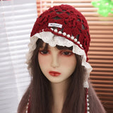 Daiiibabyyy  Sweet Pearl Tassels Crochet Flower Knitted Hat Bohemian Style Thin Knit Cap Korean Handmade Ethnic Style Hat Outdoor