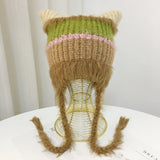 Daiiibabyyy  Cat Ear Contrast Stripe Handmade Crochet Plush Hat Children's cute ear protection warm imitation mink wool cap in winter