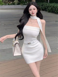 DAIIIBABYYY  -  New Fashion Off Shoulder White Knitted Pencil Dress Women Slash Neck Belted Mini Dress Strapless Sleeveless Slim Bottoming Dress