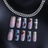 Daiiibabyyy  24pcs Vintage French Style Stripes Press On Nails Cartoon Ladybug Button Designs Coffin False Nails Blue Brown Plaid Fake Nail