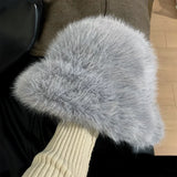 Daiiibabyyy  New Fashion Faux Rabbit Fur Bucket Hat for Women's Russian Luxury Fluffy Warm Wrap Winter Hat Fuzzy Plush Beanies Hat Y2k
