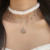 Daiiibabyyy  Fluffy Double-layer Rhinestone Snowflake Tassel Choker Christmas Sweet Sexy Clavicle Chain for Women Party Jewelry