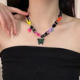 DAIIIBABYYY  -  Y2K Color Button zipper Head Splicing Butterfly Pendant necklace Punk trend Acrylic choker women's personality jewelry accessori