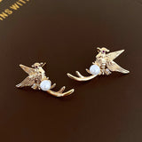 Daiiibabyyy  Silver Needle Zircon Pearl Bird Earrings for Women New Chinese Retro Stud Earring Light Luxury High-end Jewelry Gifts