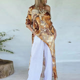 Daiiibabyyy  Casual Loose Hem Commute Lady Shirts Vintage Pattern Printed O-neck Long Tops Elegant Women Long Sleeve Irregular Split T-shirts