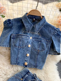Daiiibabyyy  American Retro Denim Sets for Women Polo Collar Hollow Out Tops+High Waist Bandage Hot Shorts Girls Two-piece Set
