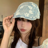 DAIIIBABYYY  -  Flower Embroidery Blue Denim Forward Hat Women Japanese Spring and Summer Lace Splicing Retro Short-brimmed Sunshade Newsboy Cap