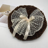 Daiiibabyyy Korean Fashionable Lamb Wool Sweet Lace Bow Winter Beret Hat High-end Women Warm Painter Hat