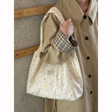 Daiiibabyyy  Women's Tote Bags Korean Floral Sweet Fashionable Versatile Canvas Bags New Large Capacity Commuting Shoulder Bags For Girl