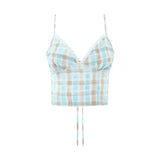 Daiiibabyyy  V-neck Lace-Up Back Camisole With Low-Waist Pleated Plaid Skirt For Women Plaid Top Ruffled Mini Skirt Lace Trim Outfit 046N